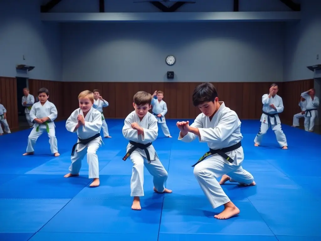 A group of children and adults practicing judo techniques on mats in a welcoming dojo environment, showcasing the Judo Training for All Ages program.