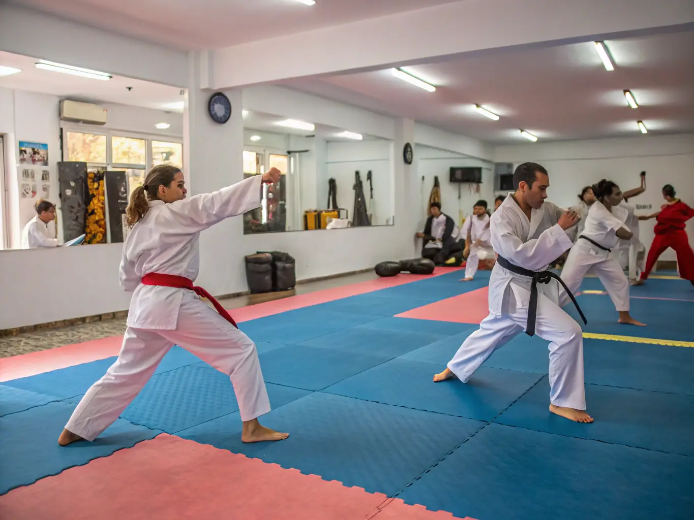 A vibrant scene from the Community Judo Workshop, showing participants of all ages learning basic judo moves and interacting with instructors.