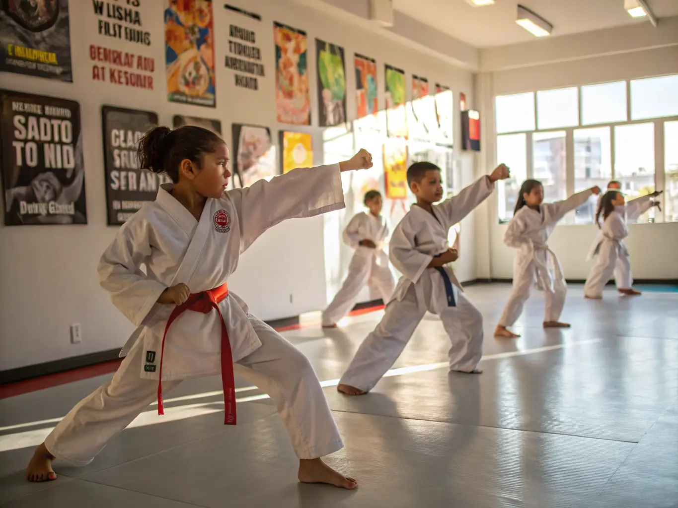 A group of young children in judo uniforms practicing a basic judo technique under the guidance of an instructor in a well-lit dojo. The focus is on demonstrating the beginner's program.