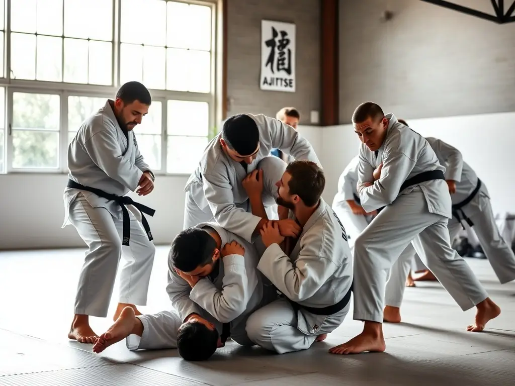 Teenagers in judo uniforms engaged in a sparring session, showcasing more advanced techniques and agility. The setting is a traditional dojo with supportive instructors.