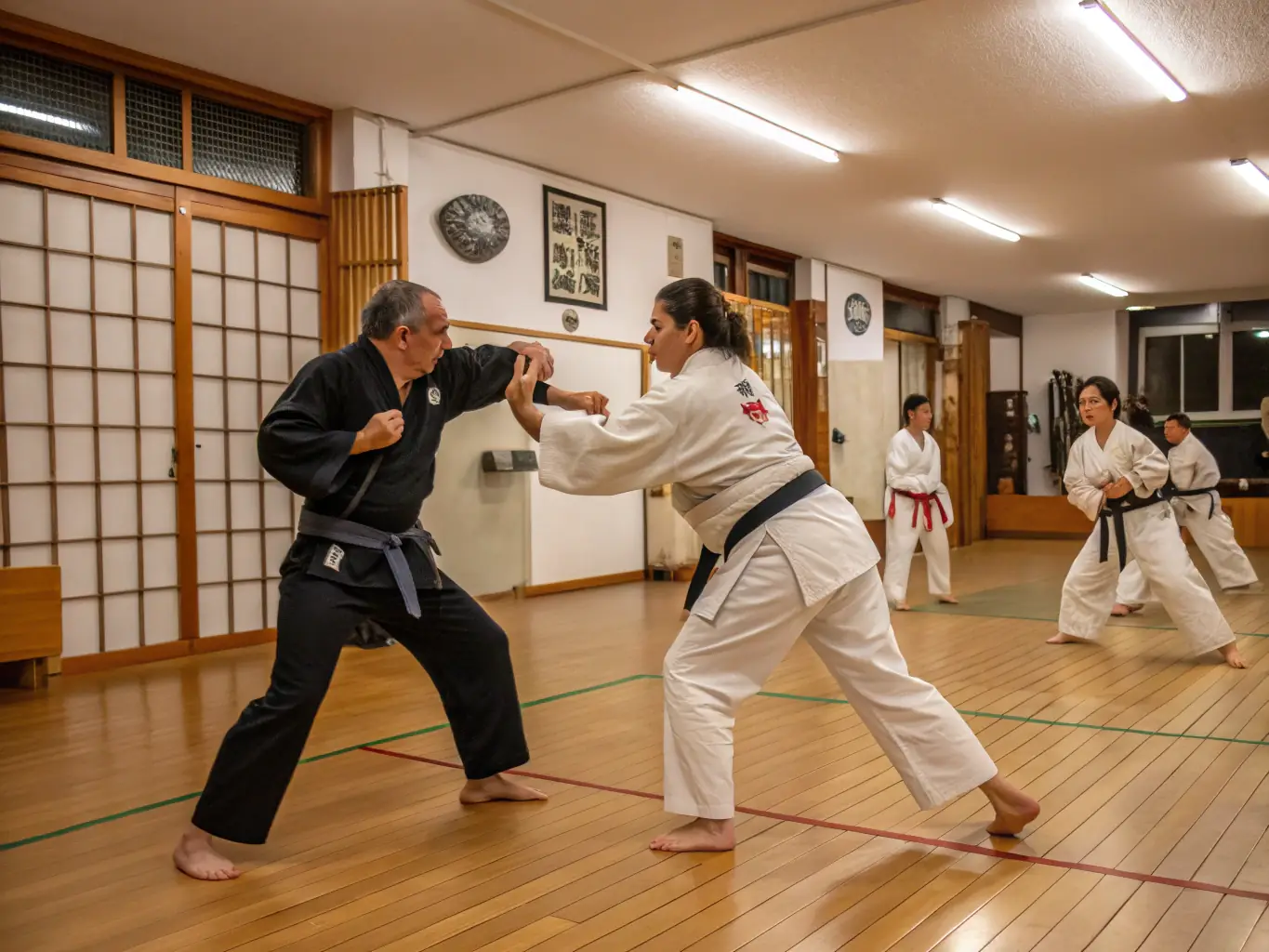 Adults of varying ages and fitness levels practicing judo techniques, emphasizing the inclusive nature of the adult program. The dojo is shown with a sense of community and mutual support.
